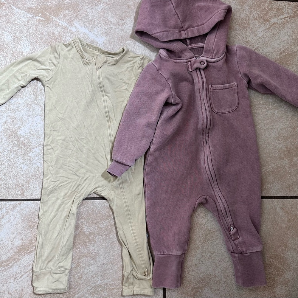 L'ovedbaby Mauve Hooded Zip One-Piece & yellow Cream Zip Romper Set